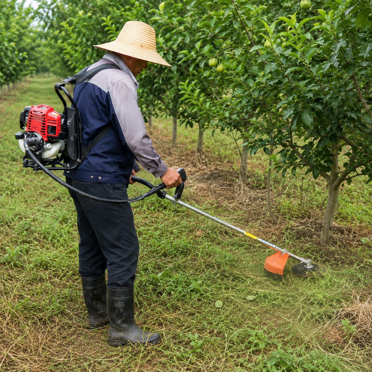 Backpack brush cutter used for clearing grass and weeds between orchard tree rows