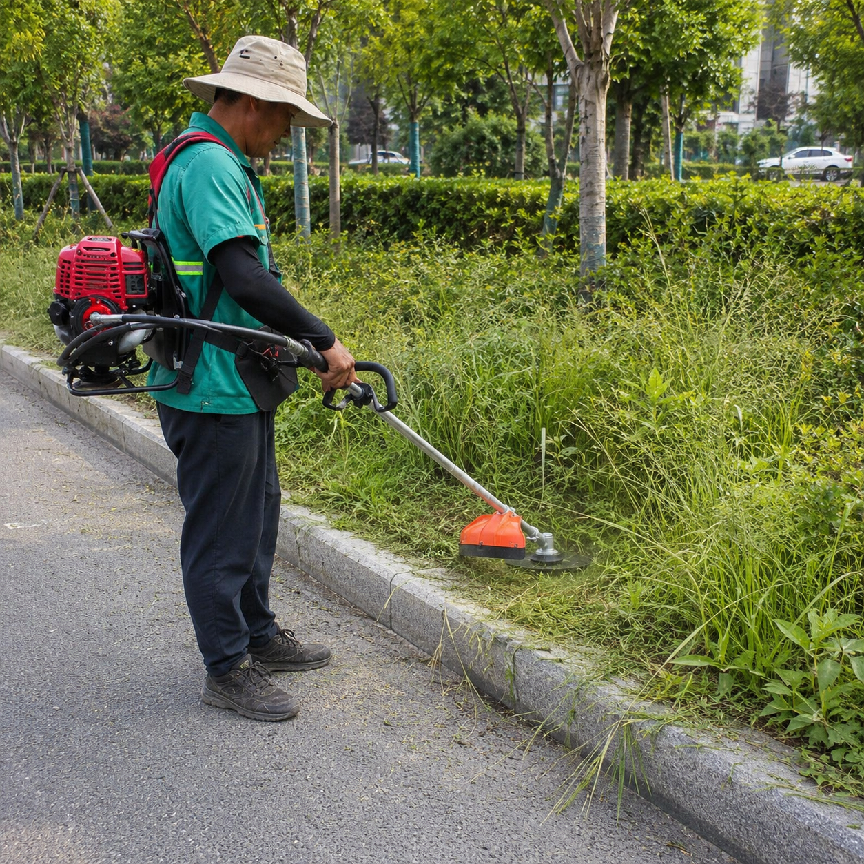 Backpack brush cutter used for roadside grass cutting and landscaping maintenance