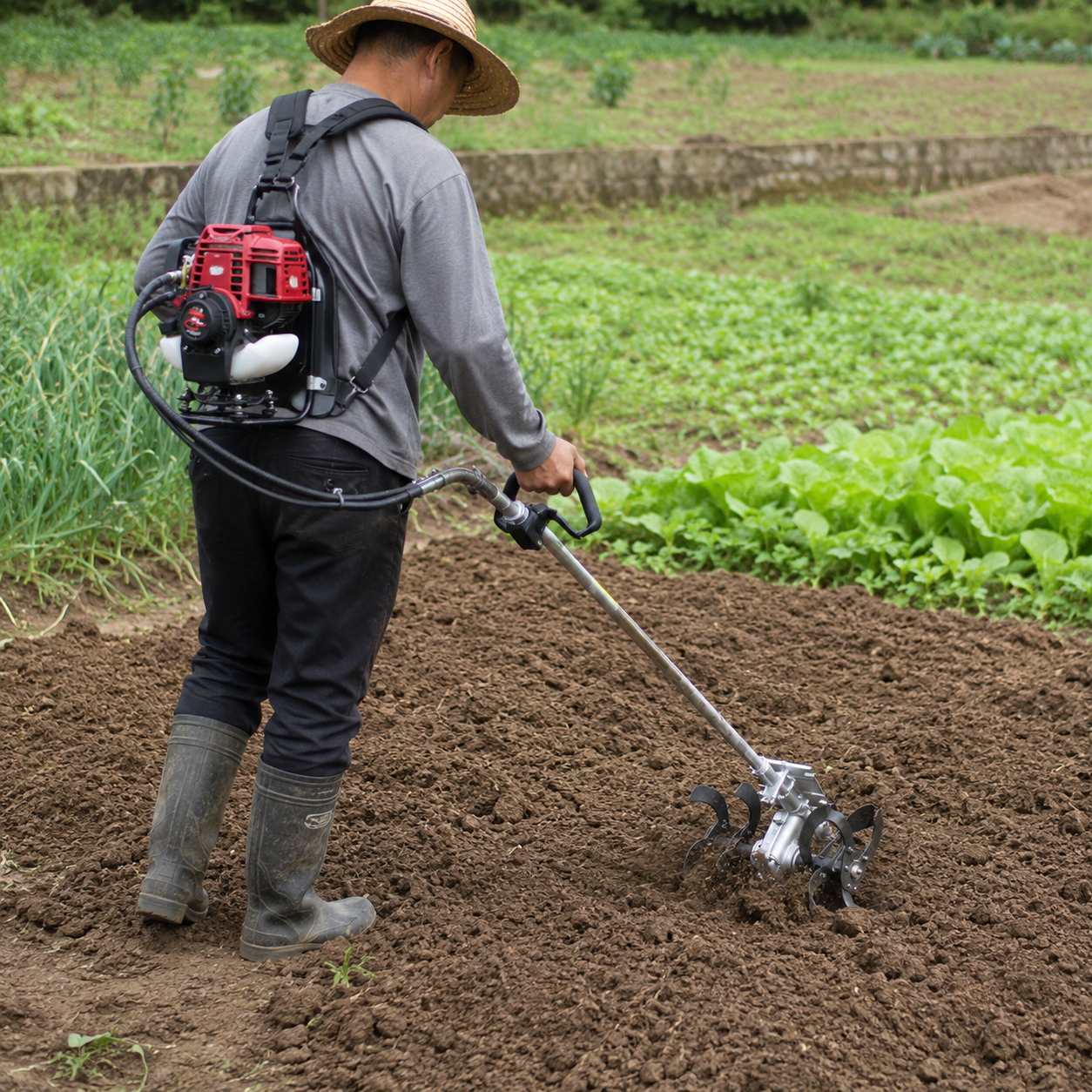 Backpack brush cutter with rotary tiller attachment for farm soil loosening