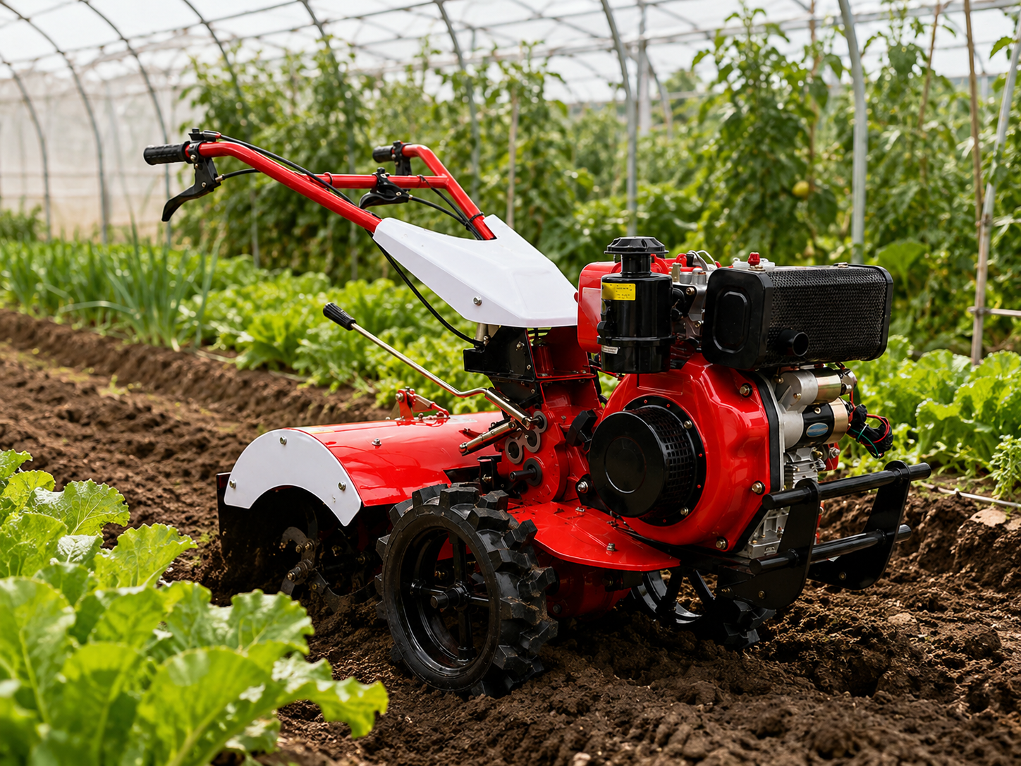 Walk-behind rotary tiller for greenhouse vegetable bed cultivation