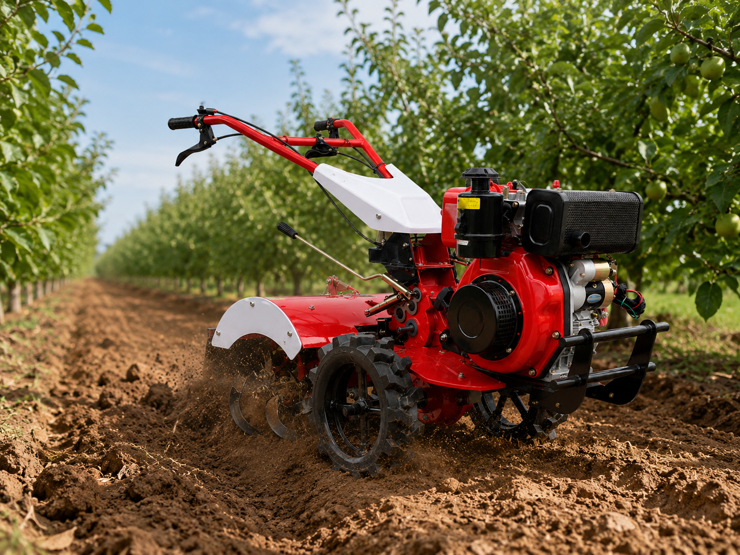 Rotary tiller working between orchard rows