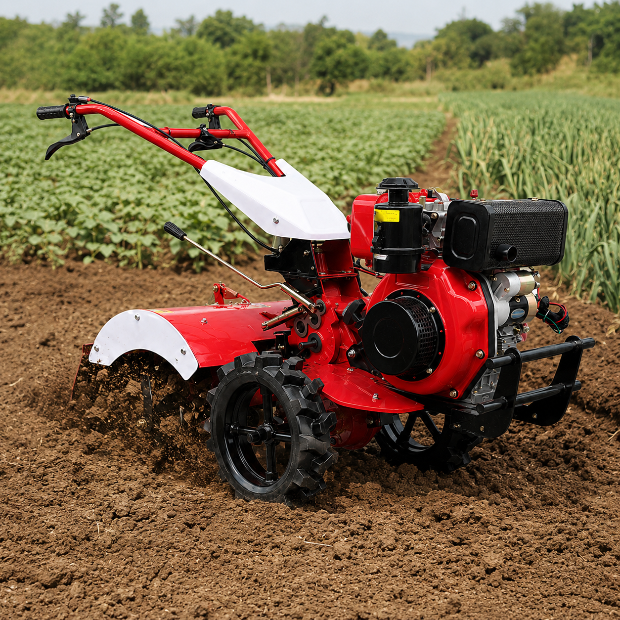 Walk-behind rotary tiller working in a small farm field