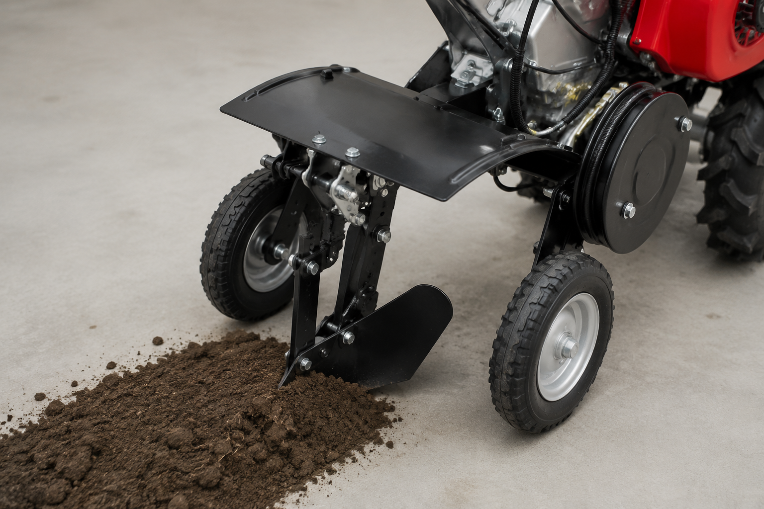 Walk-behind weeding and ditching machine blade and ditching attachment detail