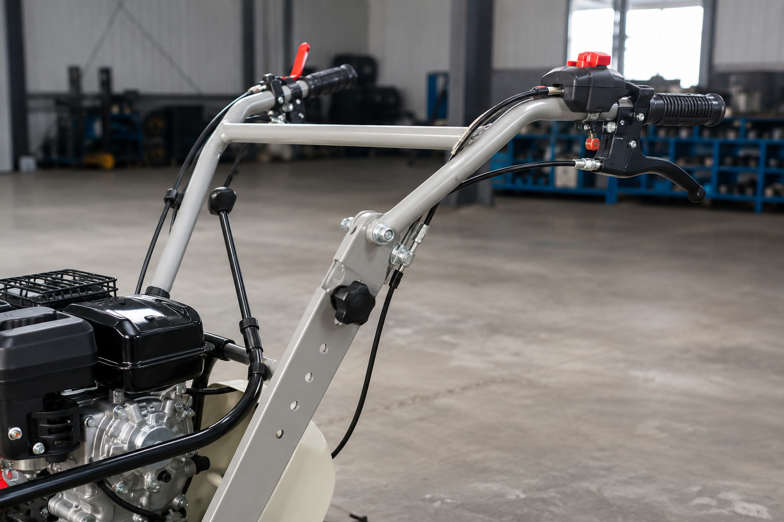 Walk-behind weeding and ditching machine adjustable handle and control details