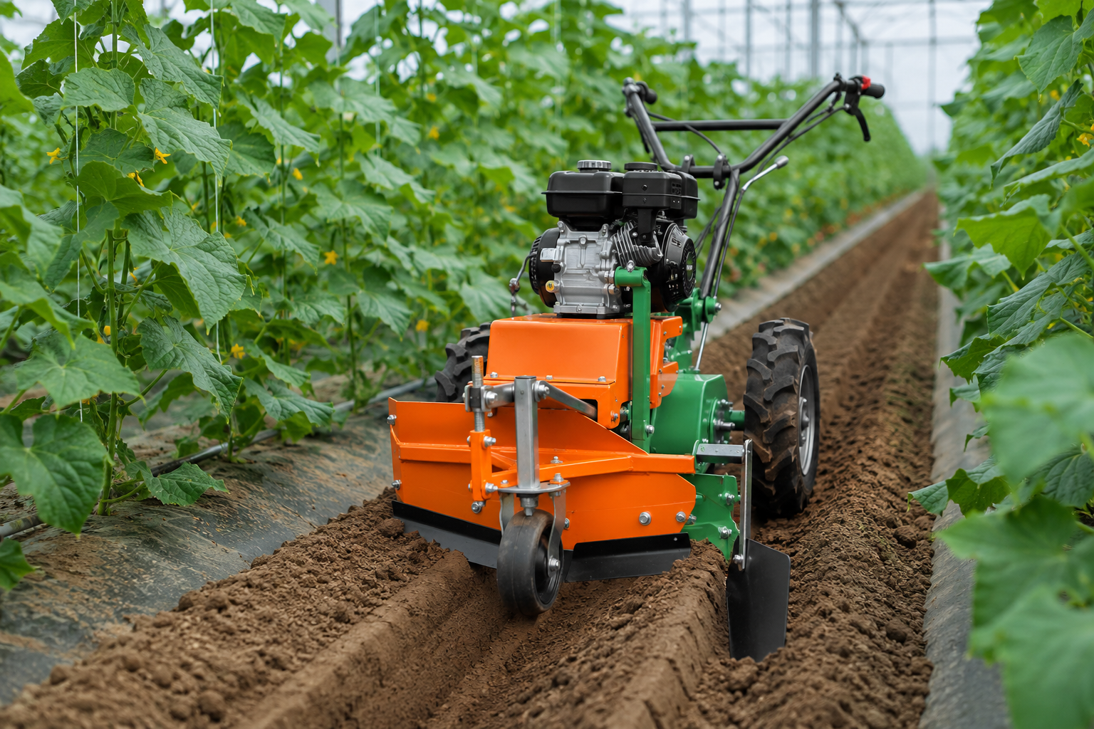 Walk-behind weeding and ditching machine working in greenhouse vegetable rows